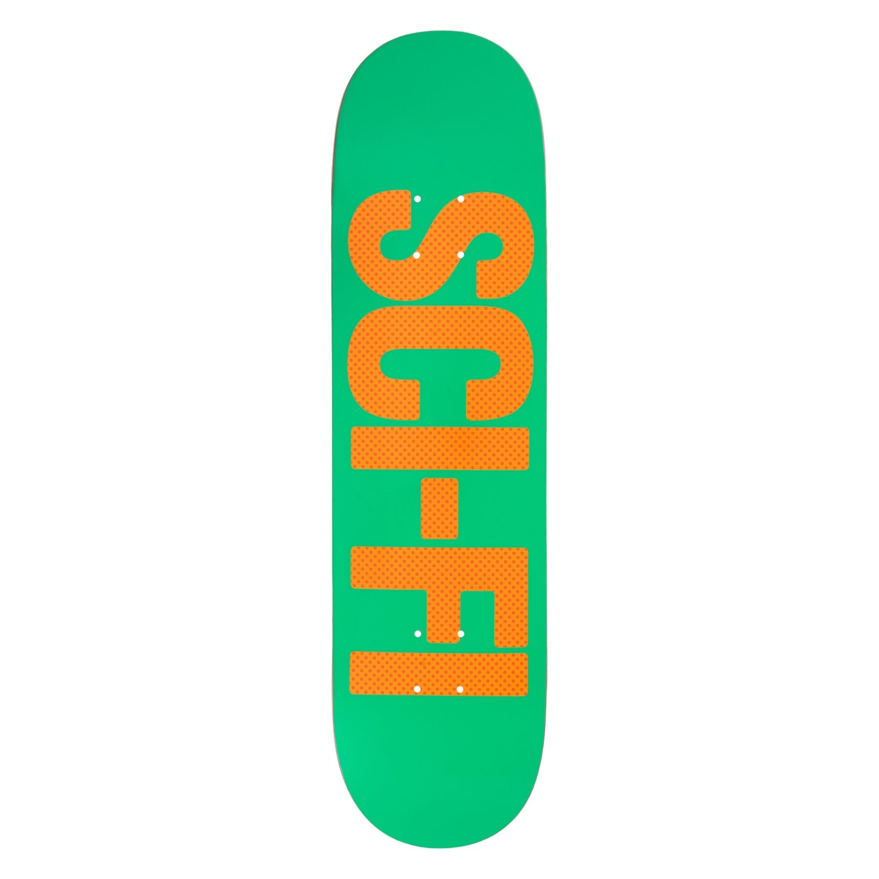 Green skateboard deck with 'SCI-FI' in orange letters on a white background