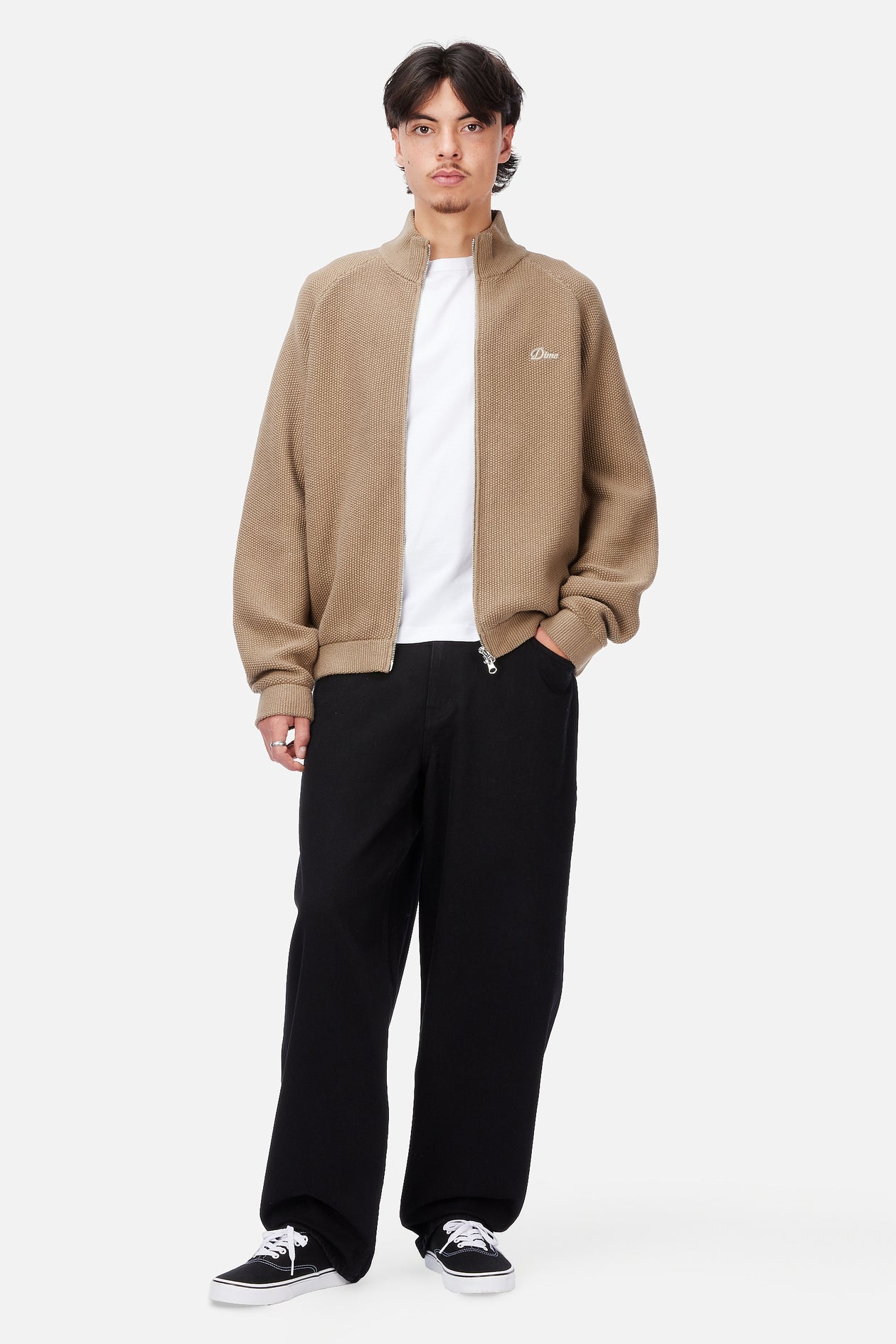 Knitted Pique Zip Sweater - Camel